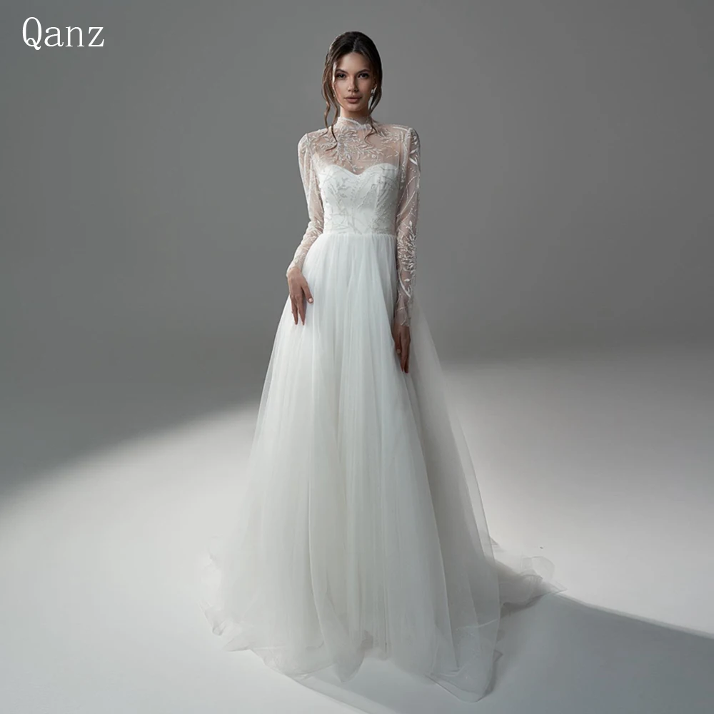 Qanz Cap Sleeves Tulle A-line Wedding Dresses Boho Vestido De Casamento Appliques Beach Custom Made Bridal Gowns Robe De Mariée