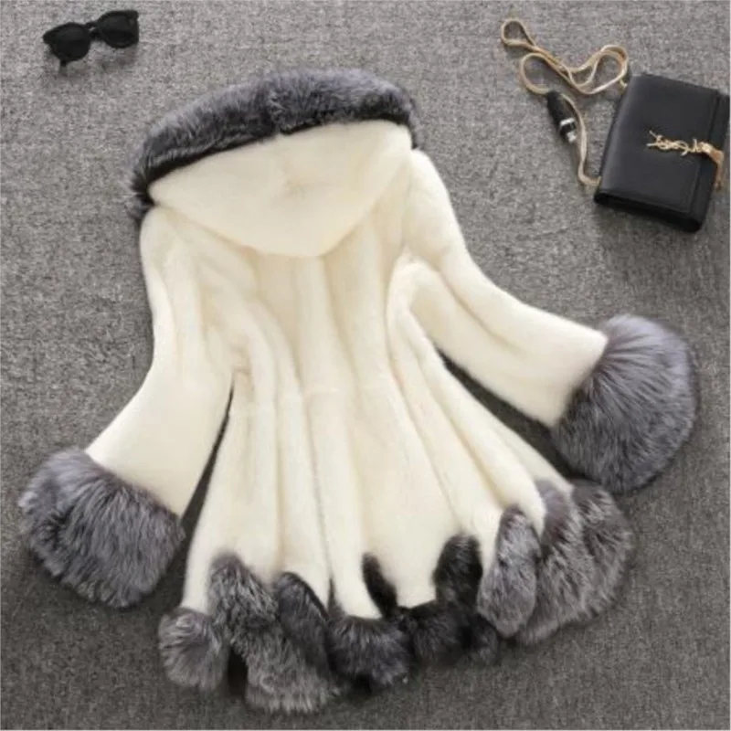 معطف فرو هجين جديد متوسط الطول مخملي بغطاء للرأس للنساء #2