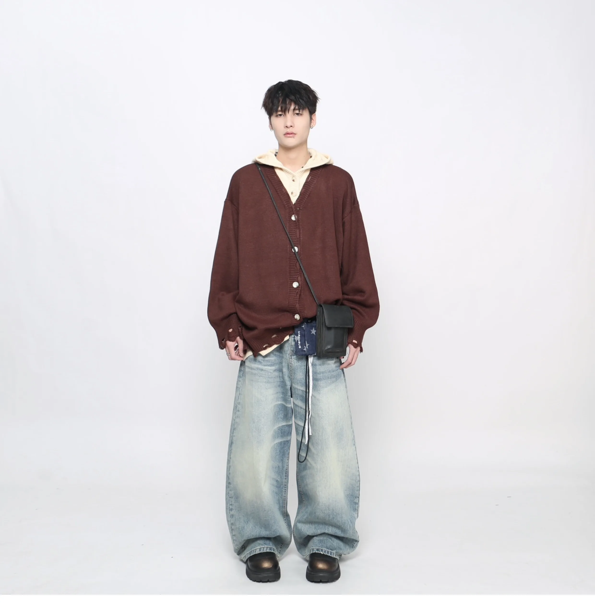Spring and Autumn New American Retro Fake Two-Piece Brown Hooded Knitted Sweater Men Black Casual Cardigan Sweater