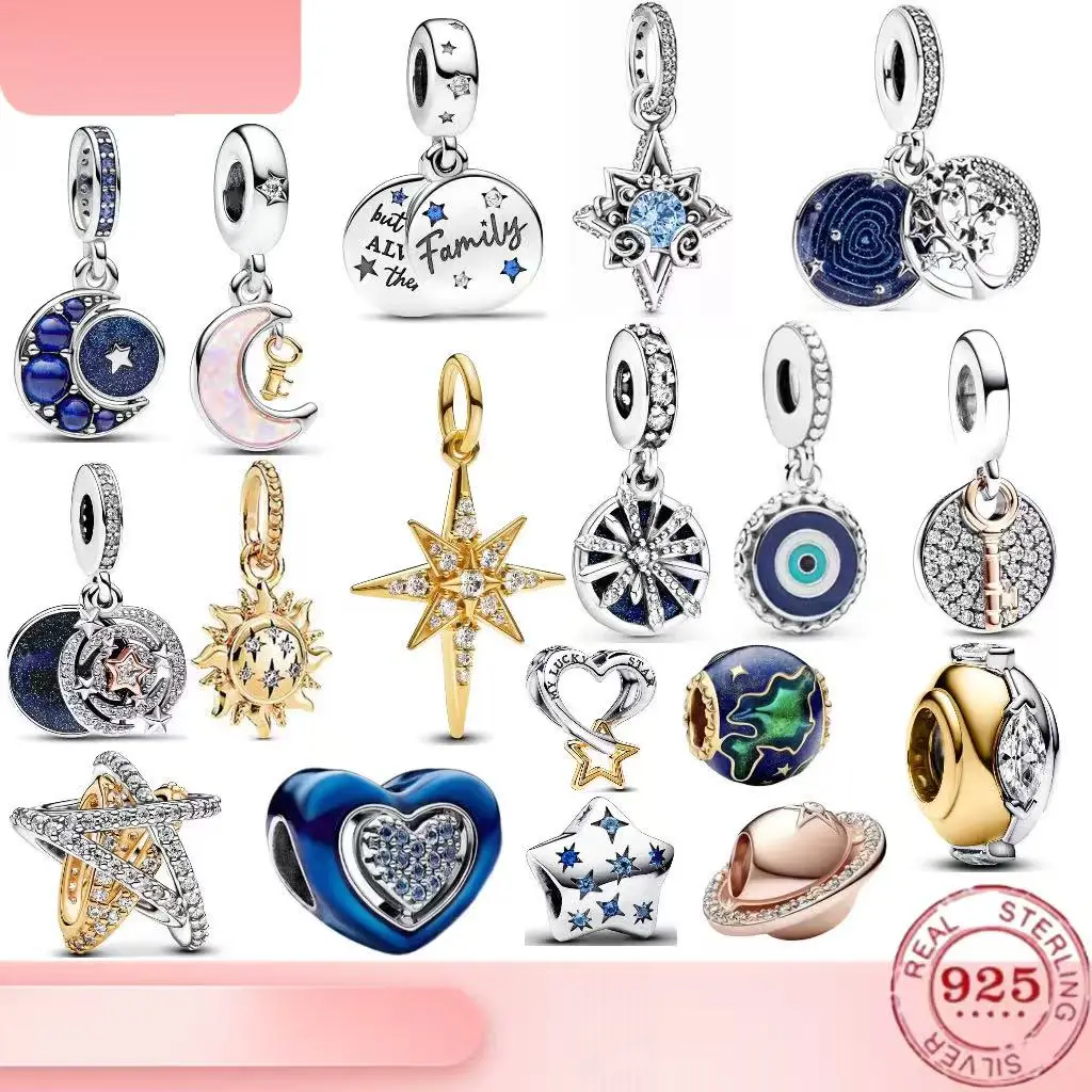 Starry Sky Series 925% Pure Silver Fashion Love Star Moon Combination Charm Bead Bracelet DIY Women's High Jewelry Unique Gift