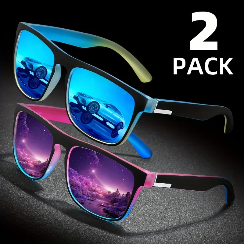 2pcs Square Gradient Mutipcolor Sport Sunglasses Anti Glare Sun Shades Party Vacation Travel Driving Fishing Eyewear UV400