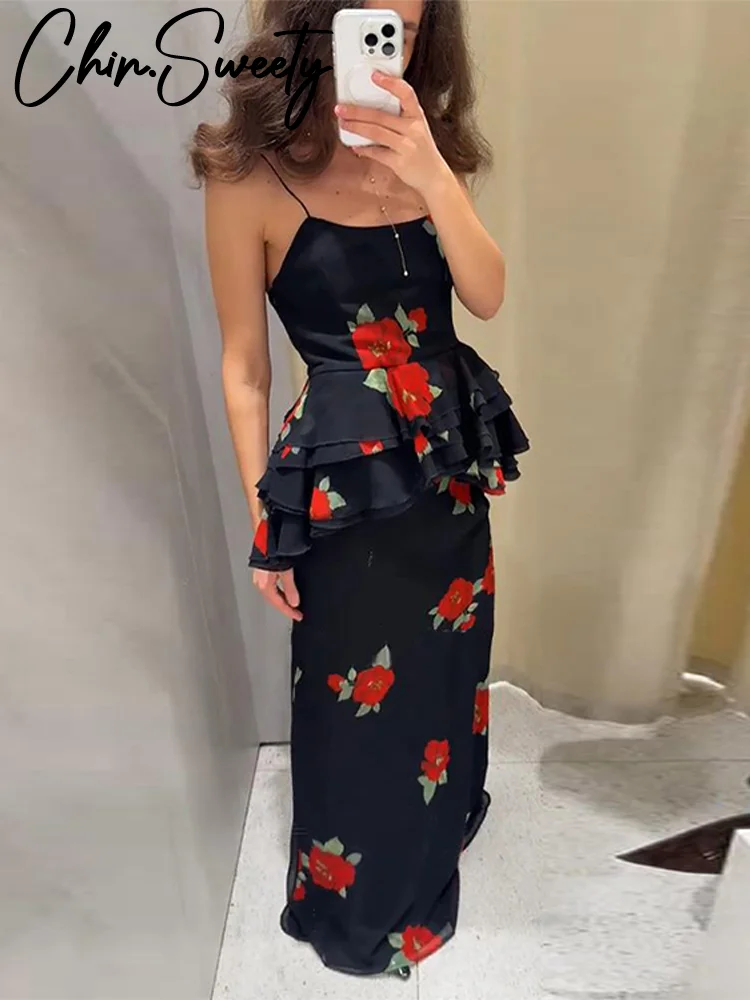 

Сексуальный жилет с рюшами и принтом, комплект с длинной юбкой, женский тонкий топ без рукавов с открытой спиной, юбки-русалки, лето 2024, комплект из 2 предметов