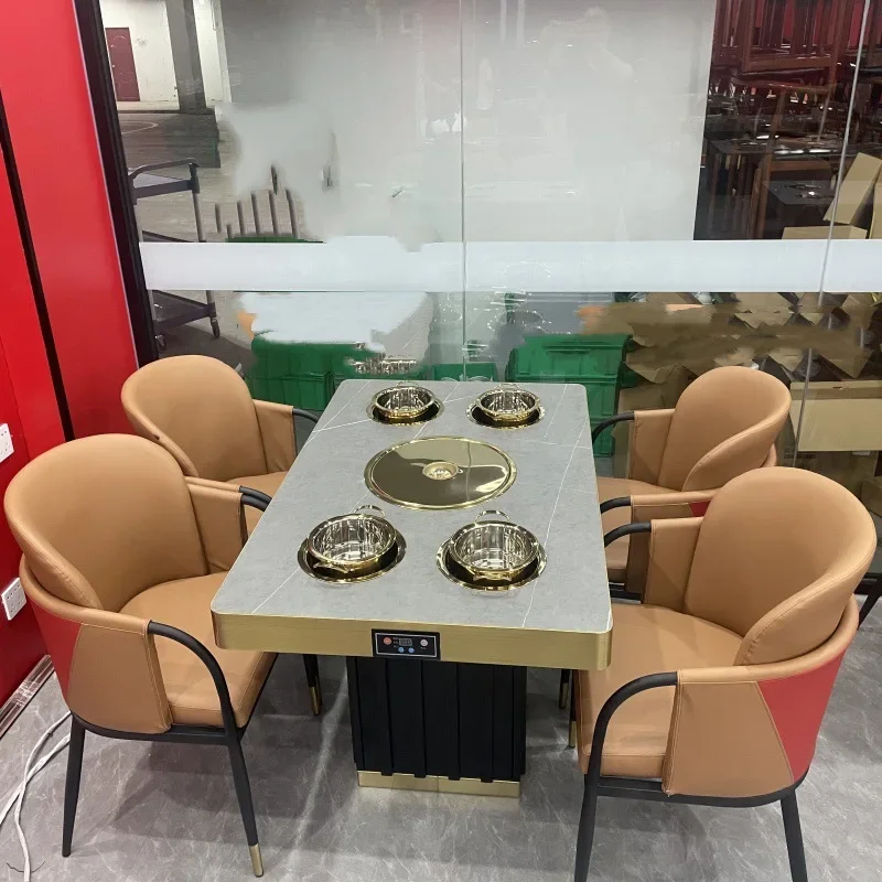 Rock slab desktop stainless steel hemming induction cooker integrated hot pot table smokeless purification