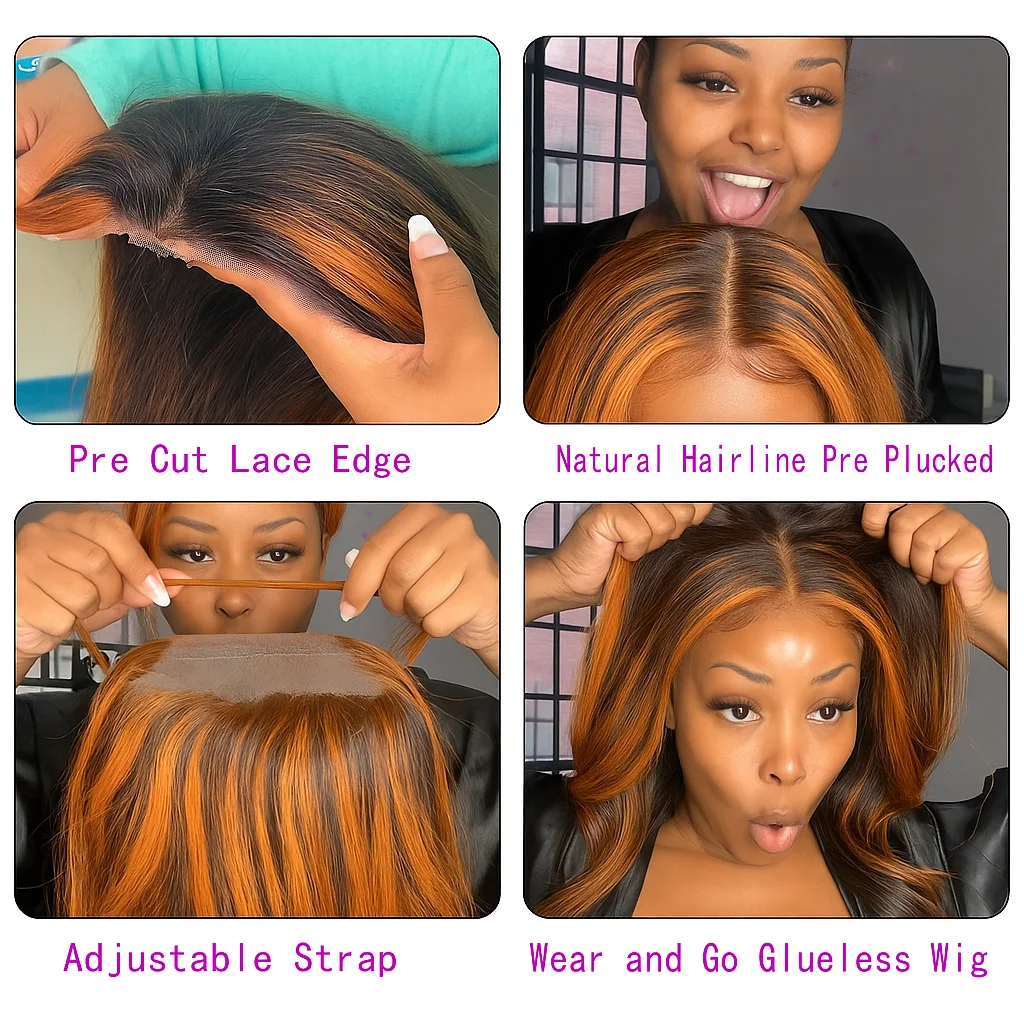 Wig Rambut Asli Warna Ginger Highlight Brown 5x5 HD Lace Glueless 200 Density, Model Lurus, Sudah Pre Plucked, Siap Pakai Untuk Wanita