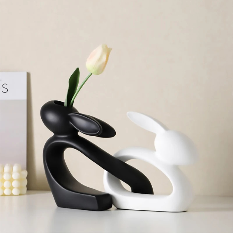 Creative rabbit black & white ceramic vase ornaments living room desktop foyer wine cabinet home decor wedding decoration Gifts