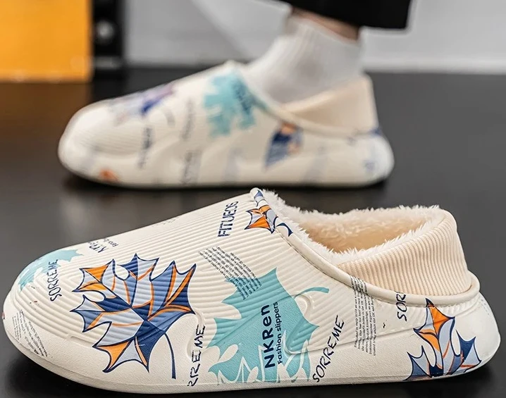 

Men Slippers Winter Warm Fur Slippers Camouflage Waterproof Furry Indoor Home Cotton Shoes Wrapped Heel Fluffy Slide Plush Clogs