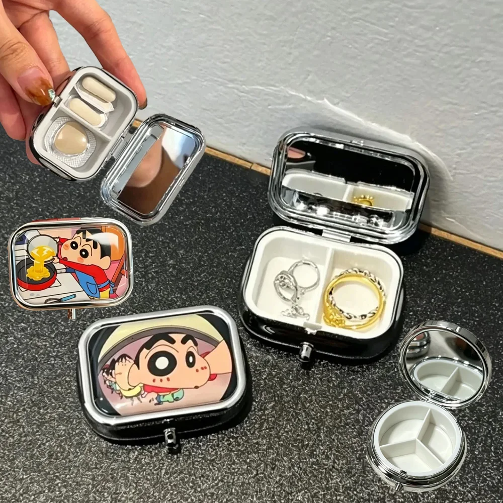 Crayon Shin‑chan Portable Storage Case With Mirror,Kawaii Anime Mini Pill Jewelry Organizer Box,  Peripheral Fans Creative Gift
