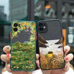 Retro Scenery Painted Phone Case For iphone 16 7 8 Plus SE2 X XS XR 16 14 12 13 11 Pro Max Large Flower Fields Log Cabin Covers