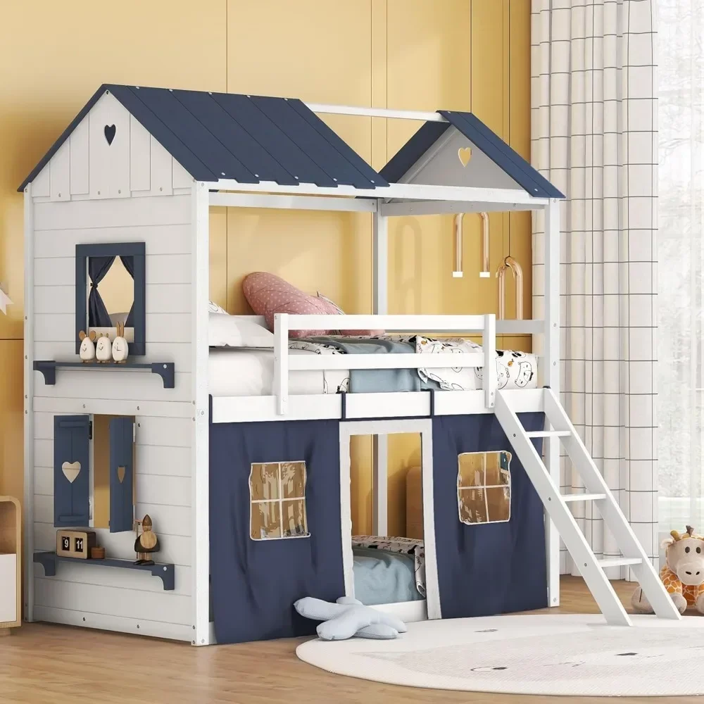 House Twin Loft Bunk Bed dengan tenda, anak-anak Twin Loft Bed dengan tangga pagar pembatas jendela & atap kayu Twin over Plywood anak tempat tidur