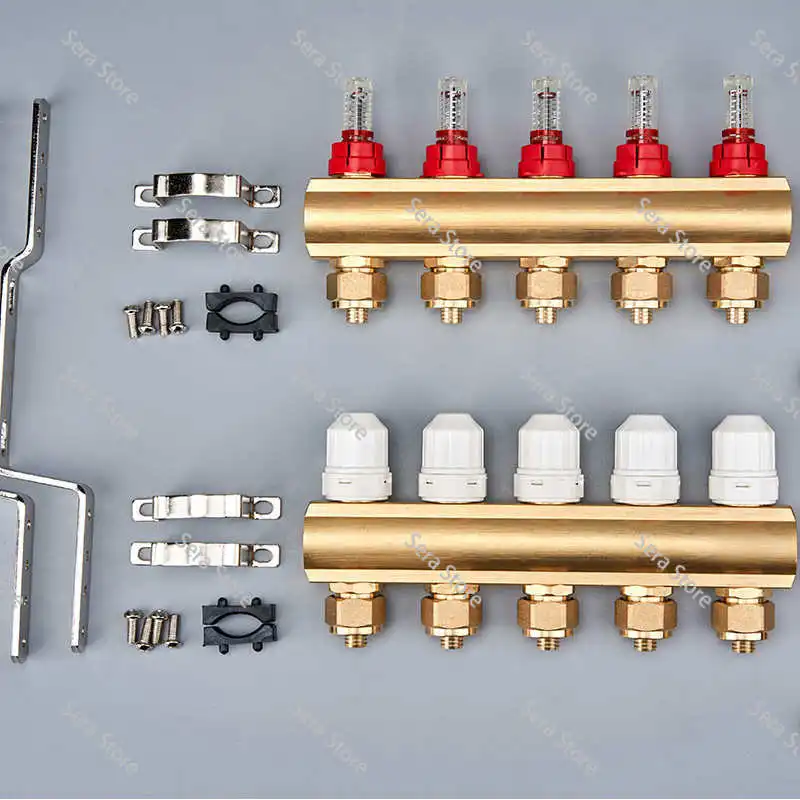 Brass profile floor heating manifold with visual float flow meter and adjustable temperature control