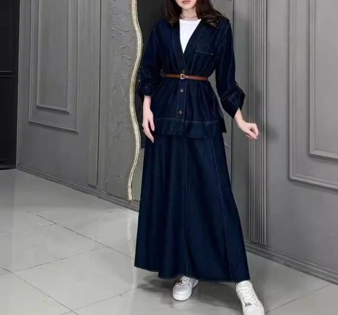 

Women's Fashion Suits 2024 Autumn Winter Latest V-Neck Solid Color Long Sleeve Waist Cinching Vintage Denim Skirt Two-Piece Set