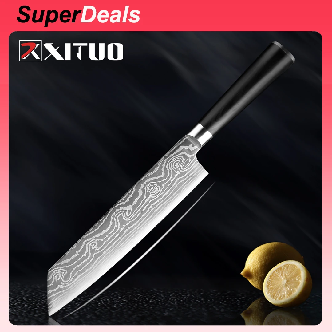 XITUO 8-inch Kiritsuke Knife 7CR17 Stainless Steel Imitation Damascus Laser Pattern Professional Kitchen Chef Knife Cooking Tool