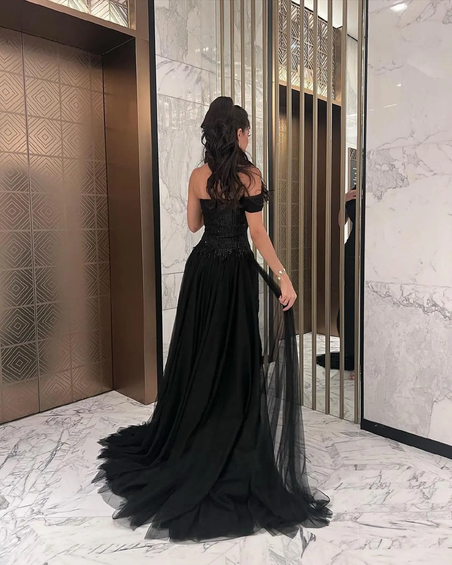 Customized Satin Straight One Shoulder Evening Dress Strapless Floor Length Side Slit Panel Train Black Fashion Party Gowns