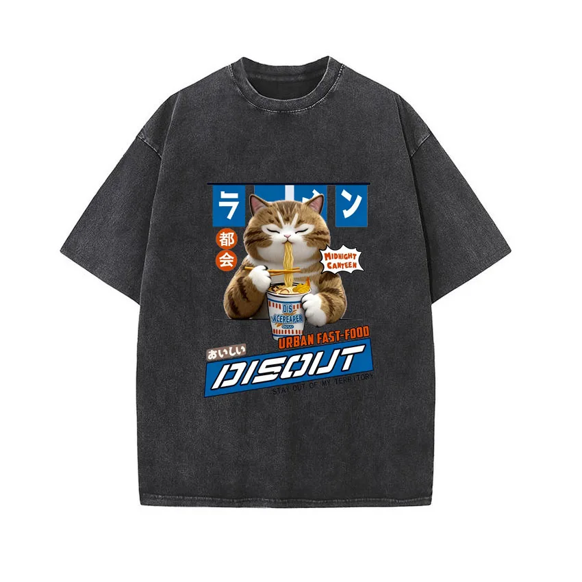 

Vintage Cotton Washed T-Shirt Anime Loose T Shirts Harajuku Cat Cartoon Eating Noodles Printing Men Women Hip Hop Summer Top Tee