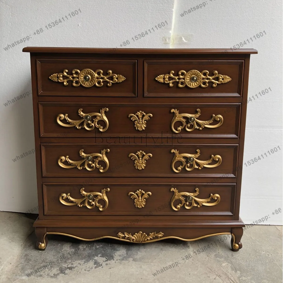 

European-style five-bucket solid wood porch cabinet, drawer engraved dining side storage cabinet