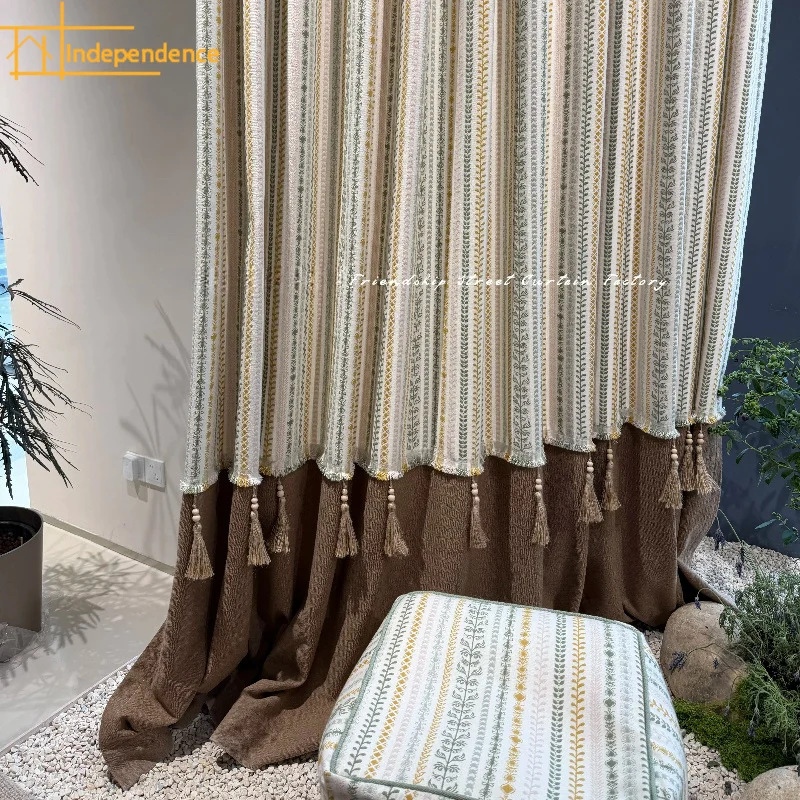 Tassel Cotton and Linen Jacquard Thickened Splicing Curtains for Living Room Bedroom Window French Customized Partition Curtain