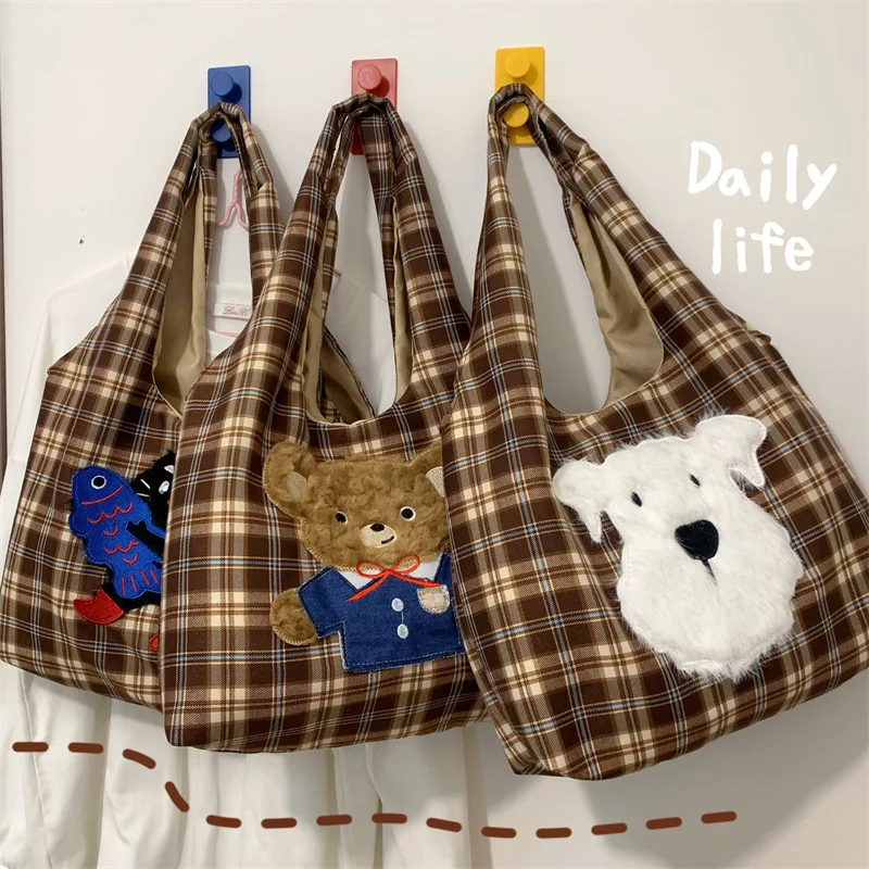 Women's Bag Cute Cartoon Embroidered Tote Bag Large Capacity Korean Version Checkered Student Single Shoulder Bag  Casual Wear