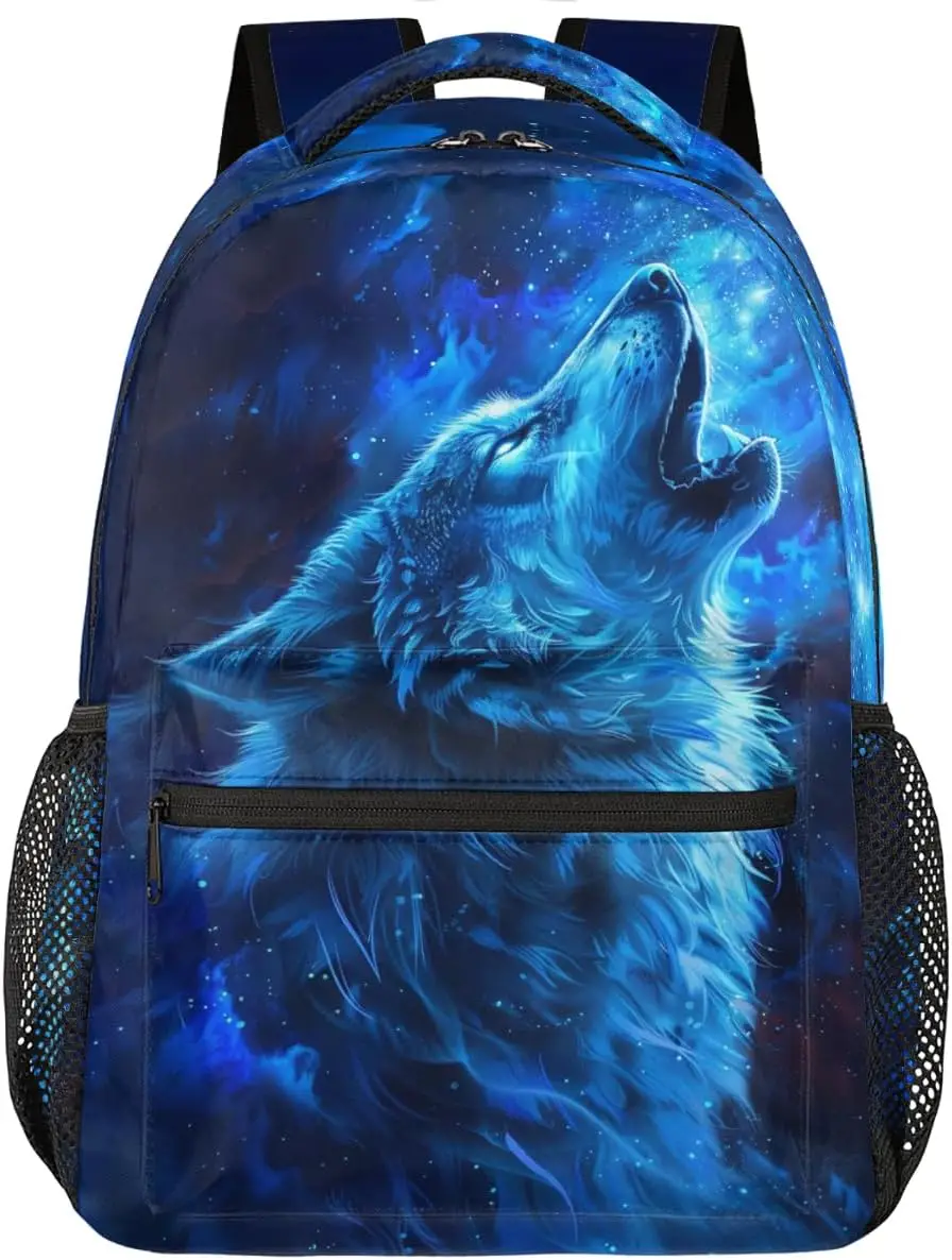 Backpack Blue Wolf Galaxy Space Kids School Backpacking Shoulder Bag School Bookbag for Teens Girls Boys Lightweight Gym