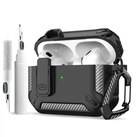 Portable Shockproof Case For Apple Airpods Pro/Pro 2 Carbon fibre Headset Cases With Carabiner Security Lock Cover Funda