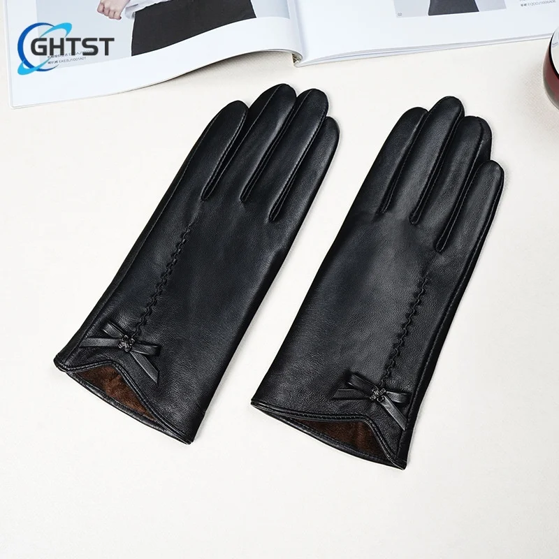 Popular Black Bowknot Women Gloves Genuine Lambskin  Spring Winter Warm Comfortable Girl Gloves Trendy Female Short Glove