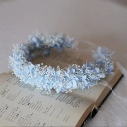 Handmade Preserved Blue Gypsophila Hydrangea Bridal Boho Crown Wedding Flower Girl  Crown Children's Birthday Decorations