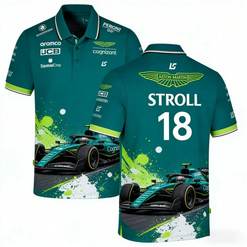 アストンマーティン-チーム-ストロール-18-f1-レーシングテーマ-ポロシャツ-モータースポーツ-ファン-カジュアル-トップ-プリント-レーシングジャージー