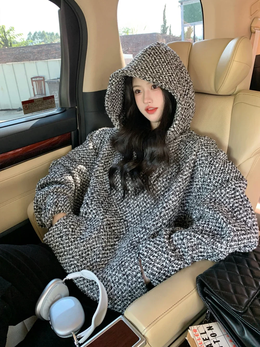 Retro casual women\'s elegant hooded thickened hooded couple autumn and winter heavy tweed y2k ins pullover top