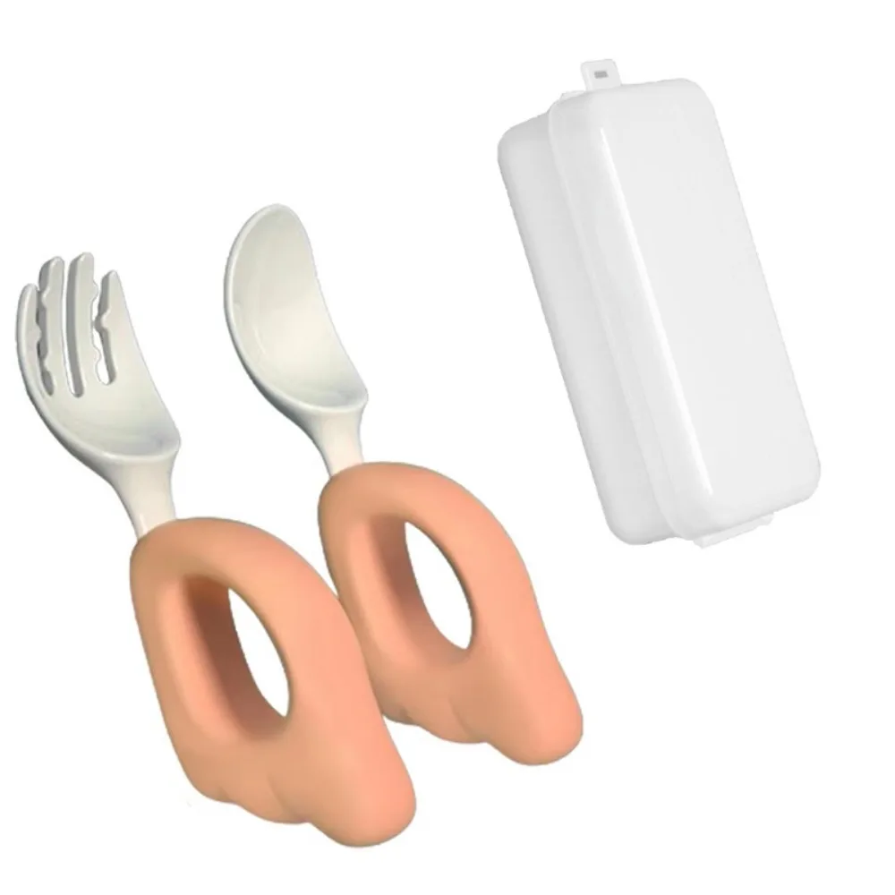 

Self Feeding Baby Forks and Spoons Set Silicone Handle Dishwasher Safe Baby's Dinnerware with Case Wing Shape