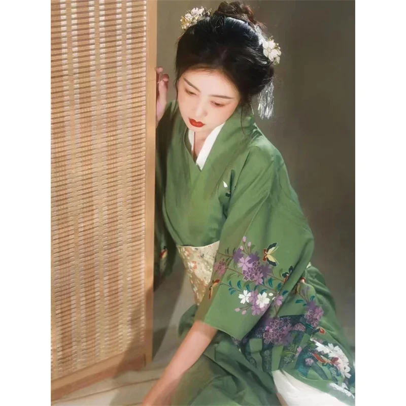 女性のための緑の花柄のバスローブ,日本の着物,シンプルでエレガントなドレス,アニメのドラムコスプレ,ハロウィメンズウェア