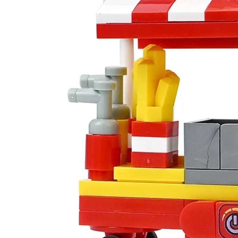 Mini Fast-Food-Truck Modell mit Markise DIY Stadtansicht Pommes Frites Imbisswagen Baustein-Set Ziegelstein-Spielzeug