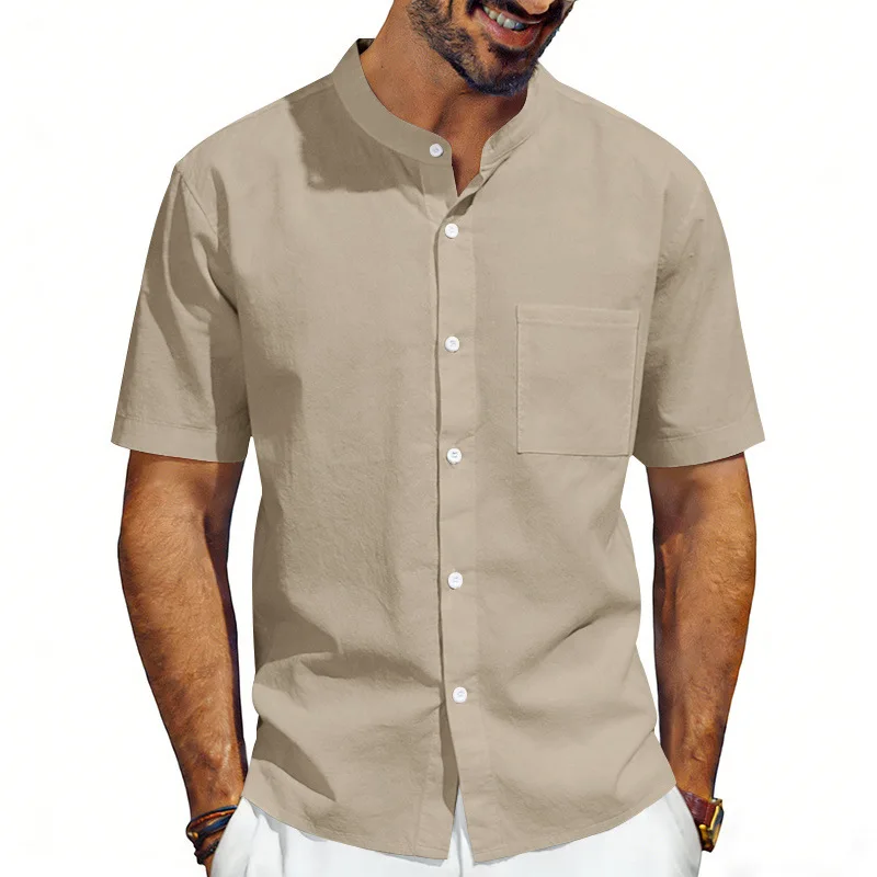 

Cross-border Amazon American new product loose summer men's linen casual vacation beach stand-up collar short-sleeved shirt