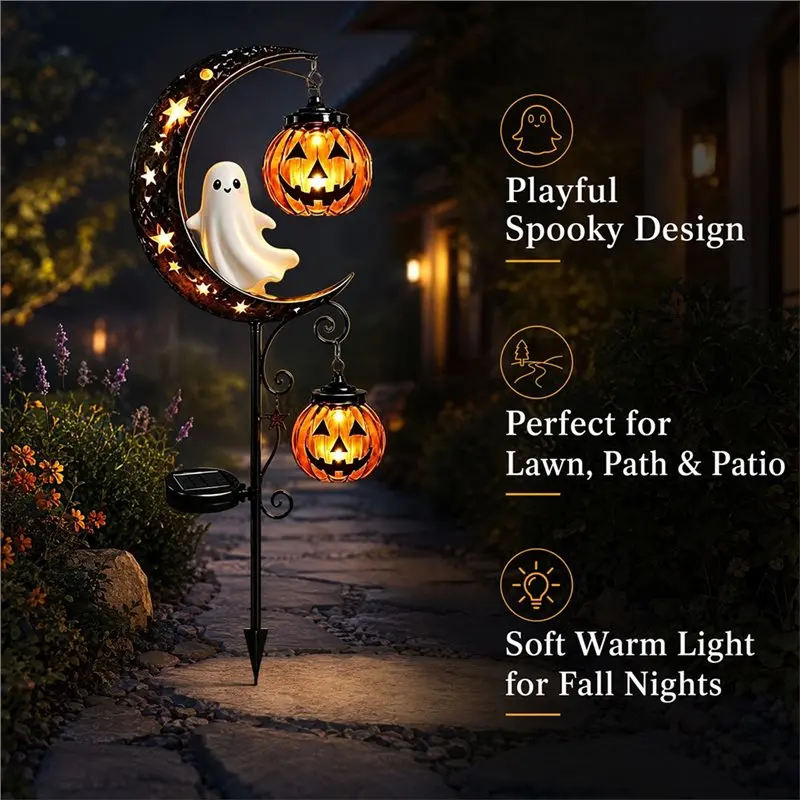 【LIMITED TIME DISCOUNT】For Pathway Patio Lawn Ghost Solar Halloween Pumpkin Moon Light Waterproof Metal LED Yard Decoration Gard