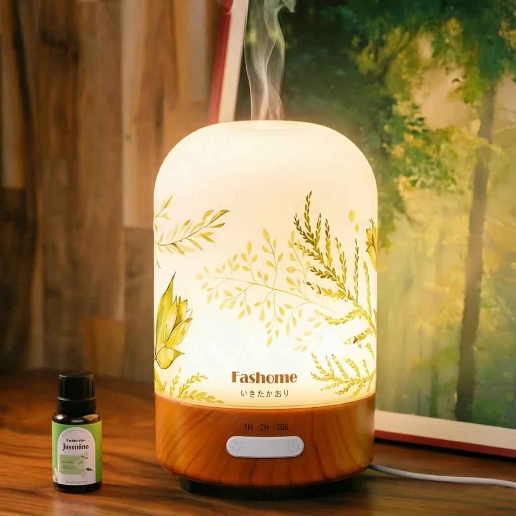 

Essential Oil Diffuser, 100ML Ultrasonic Aromatherapy Fragrant Oil Vaporizer Humidifier, Hand Blown Glass Cover With Print, Auto Shut-Off, 3 Timer, Warm White Lights, Free 10ml Jasmine Essential Oil Gift