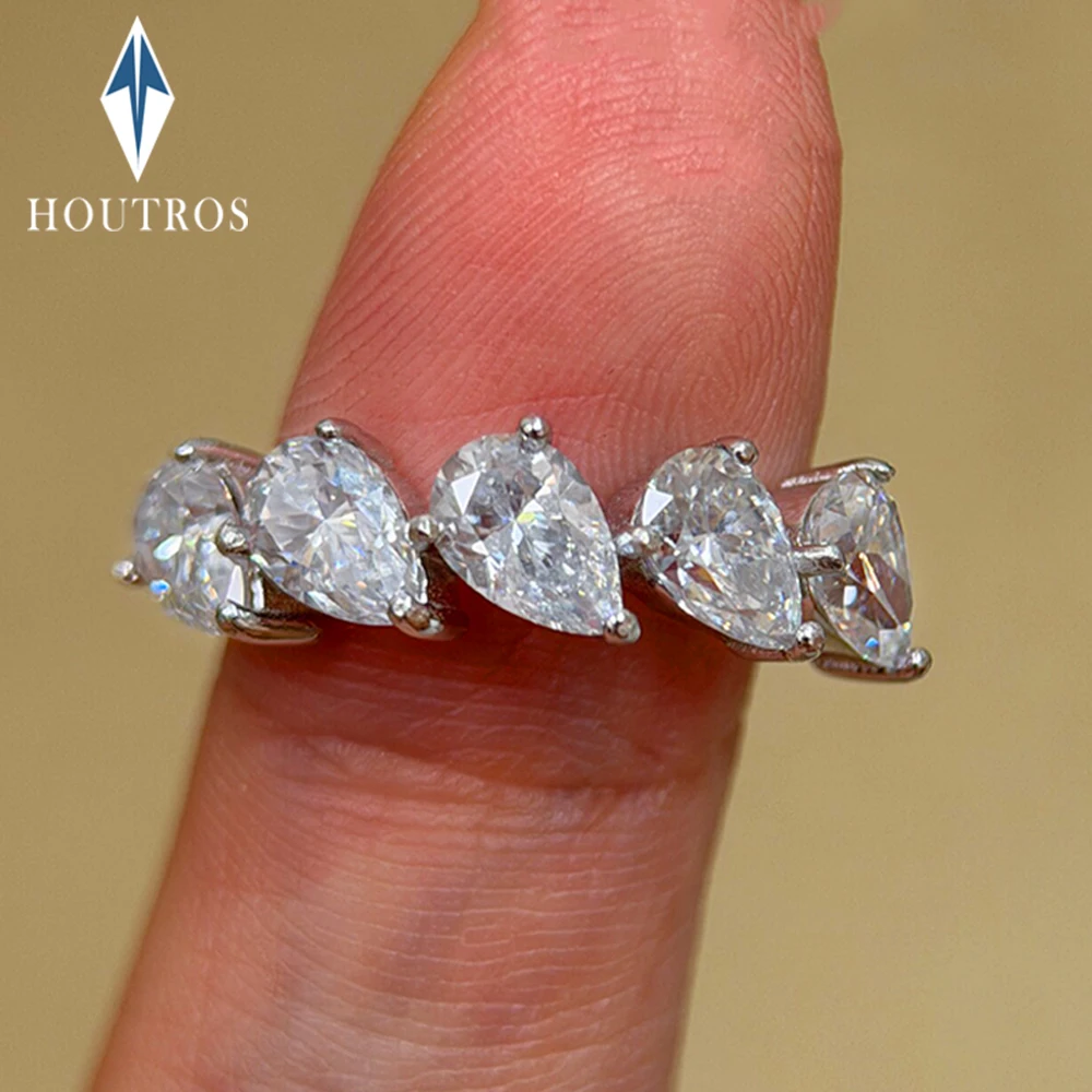 2.5CTTW Pear Cut All Moissanite Ring 5 Stones 4x6mm Diamond Half Eternity Wedding Bands for Women 925 Sterling Silver Jewelry