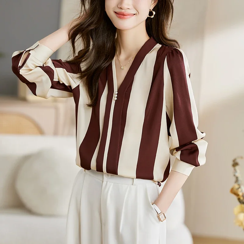 Satin Vintage Women Blouses Summer V-neck Loose Prints Clothing Sales Long Sleeve Korean Top Striped Women's Shirts