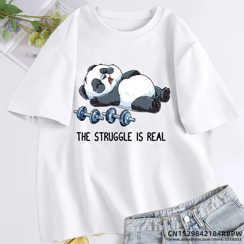 The Struggle Is Real Fitness Panda T Shirt Funny Cartoon T-shirts Summer Short Sleeve Graphic T Shirts Streetwear Women\'s Tops