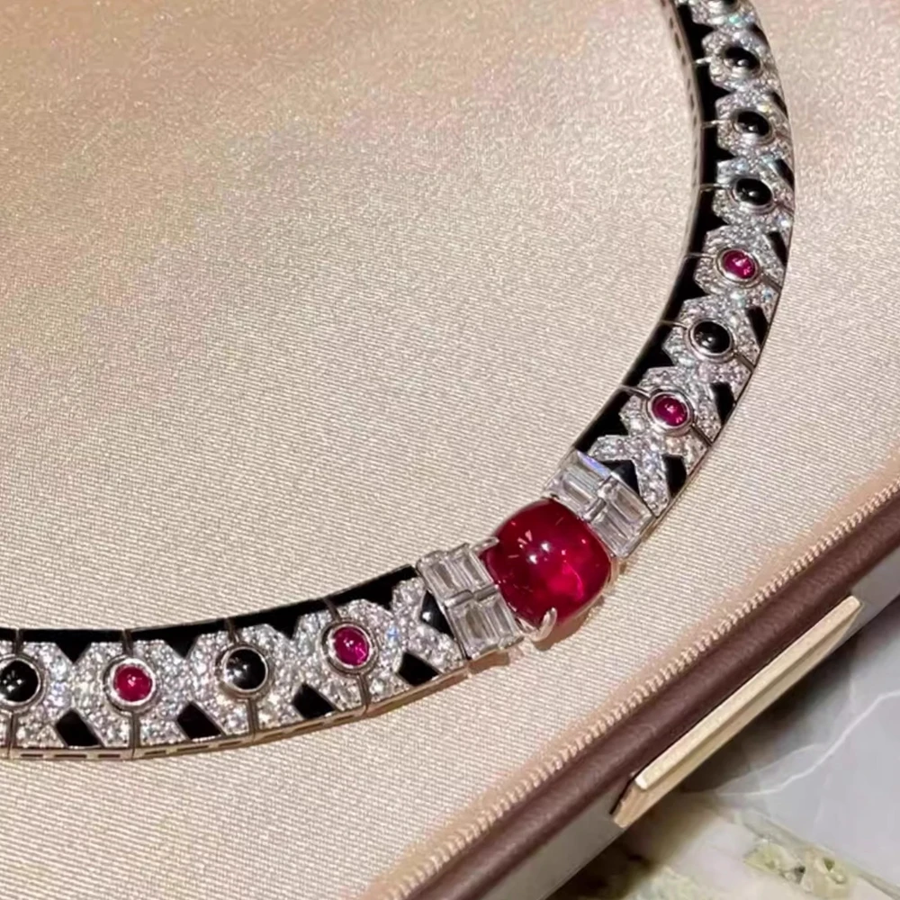 925 الفضة الأسود المينا الاصطناعية الأحجار الكريمة الحمراء الكربون الماس النمر ليوبارد طباعة المختنق سلسلة قلادة غرامة مجوهرات فاخرة