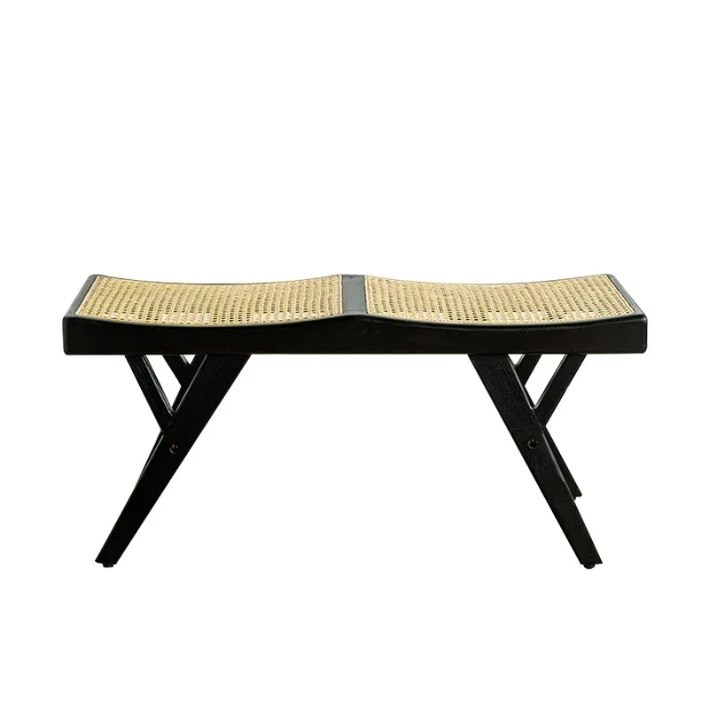 

Solid wood bed tail stool, household bedroom, Nordic bedside dining room stool, rattan woven black double long bench