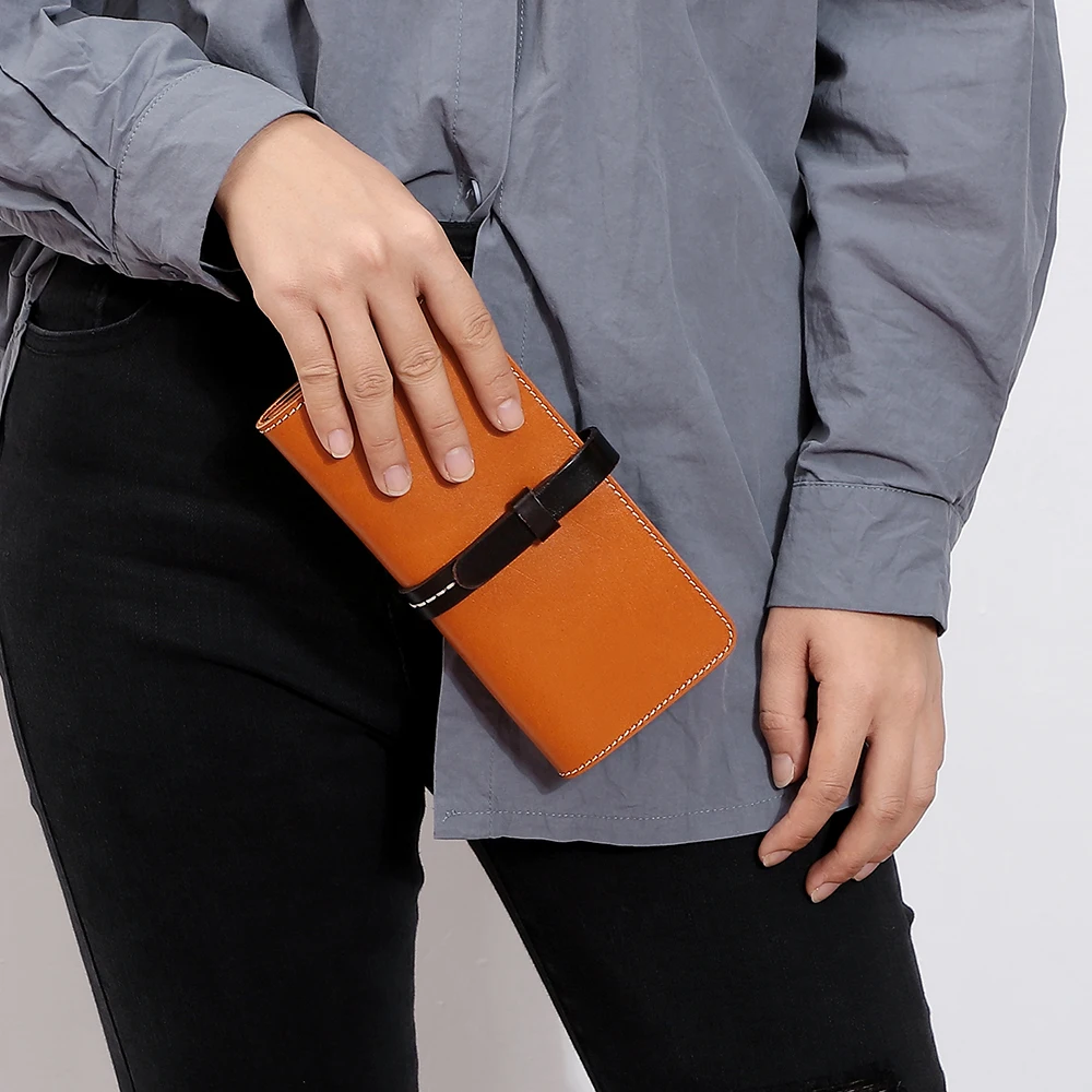 Italian Vegetable Tanned Leather Retro Handheld Bag for Women Real Leather Card Bag Long Walletd Bag Women's Bag