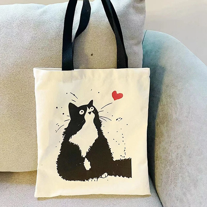 Borsa in tela borsa per la spesa stampata digitale ad alta definizione con motivo a gatto borsa in lino ecologica e portatile