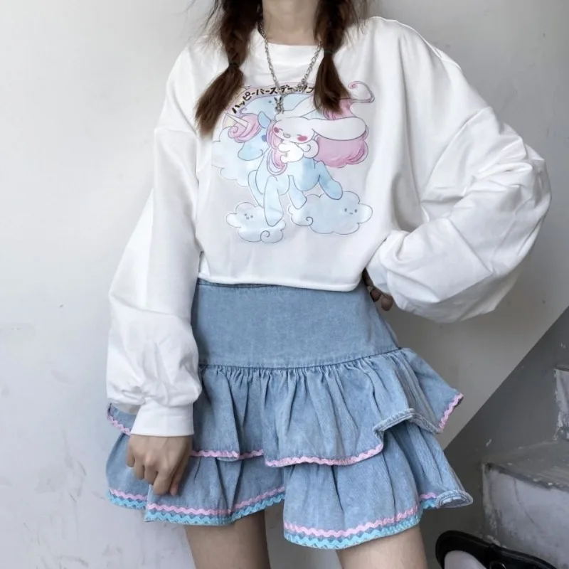 

Spring Summer New Fashion High Waist Denim Japanese Cute Style Show Leg Length Versatile Trendy Sexy Clothing Women Cake Skirt