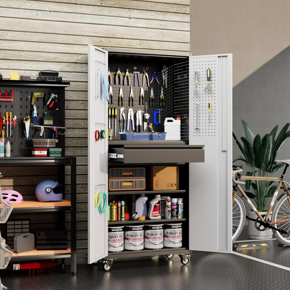 Garage Storage Cabinet with Wheels, Metal Tool Storage Cabinet with 1 Drawer for Home Office Storage,Assembly Required