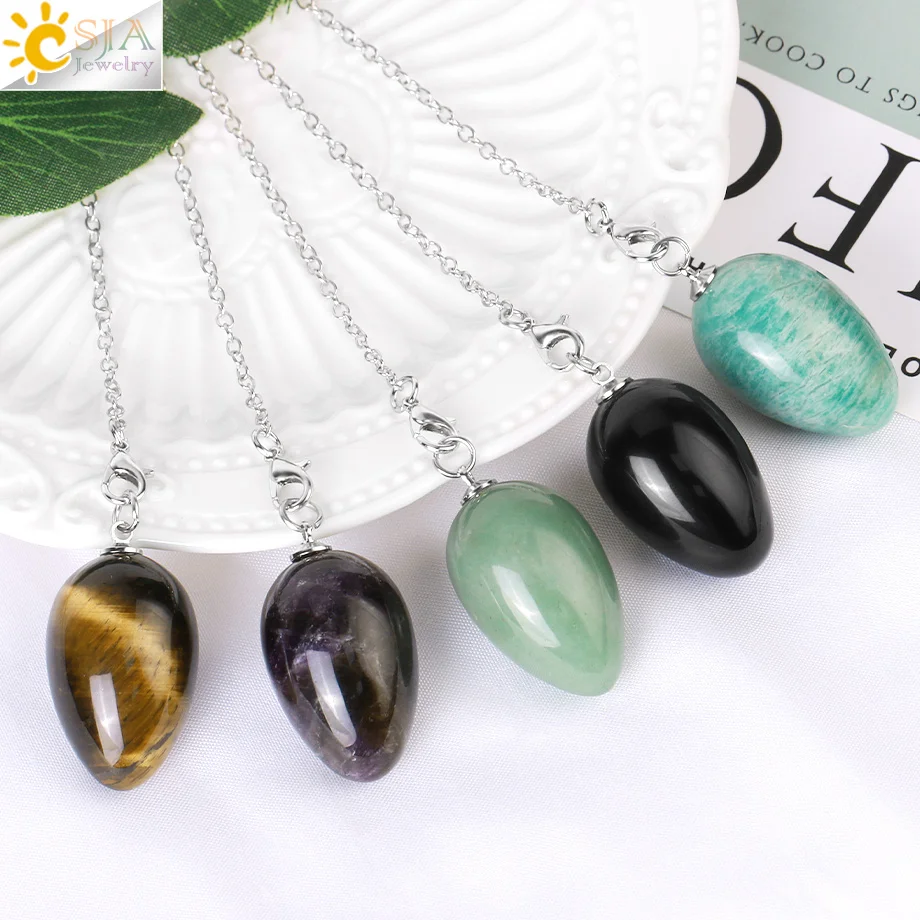 CSJA Crystal Pendulums for Dowsing Divination Natural Stone Egg Shape Pendant Esoteries Radiesthesia Pendulum Pendulo S973