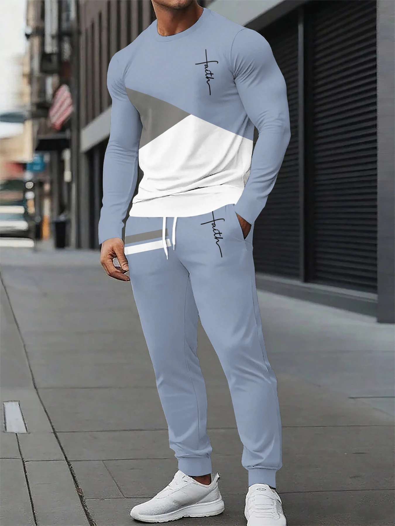 الربيع/الخريف الرجال التدرج اللون مجموعة أنيق طاقم الرقبة قصيرة الأكمام أعلى في الهواء الطلق مريحة سراويل تقليدية قطعتين مجموعة #1