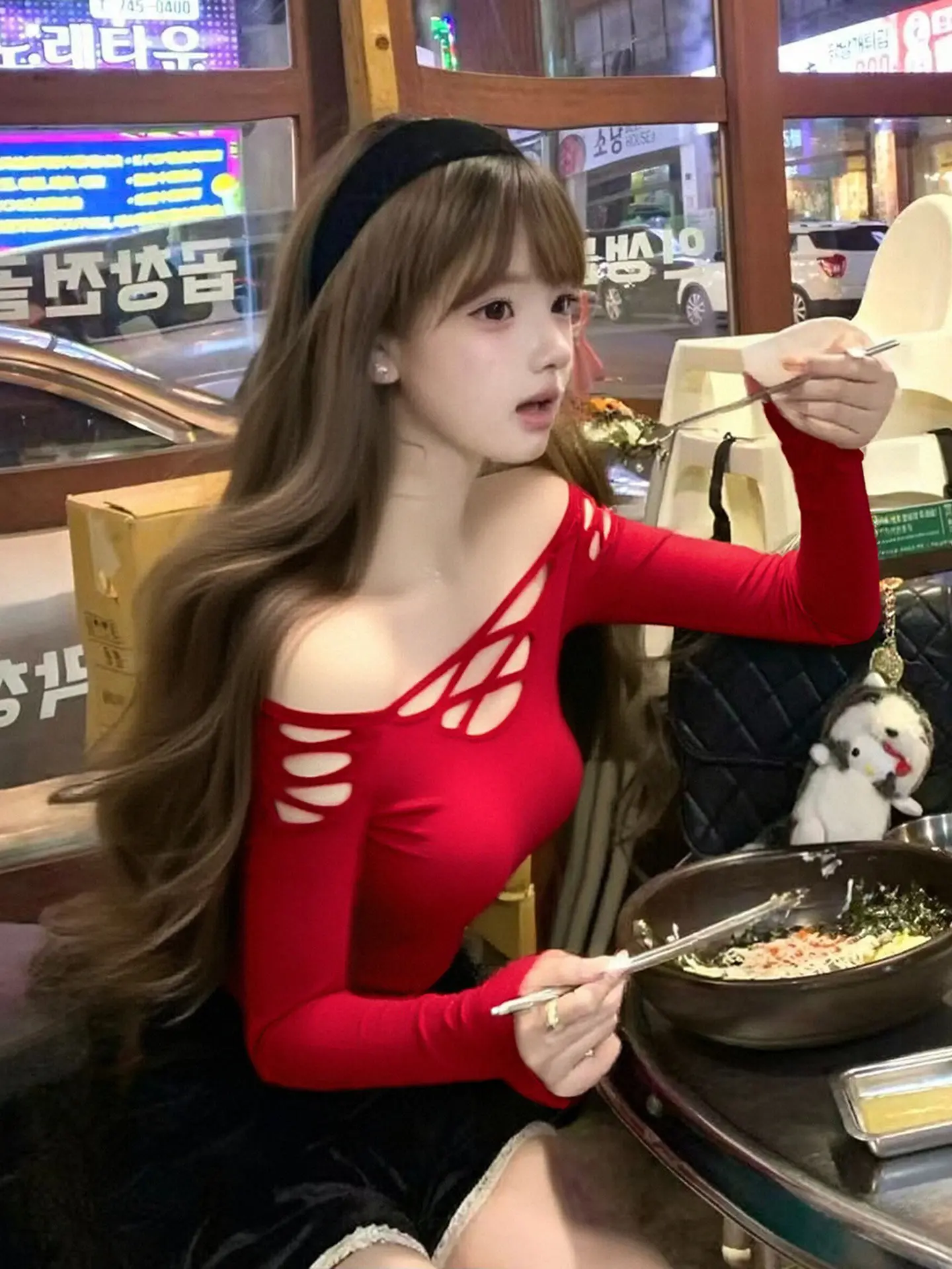 Elegant Red Hollow out One Shoulder Long Sleeve Slim Fit Top for Women Luxury Style Autumn Fashion High Waist T-Shirt