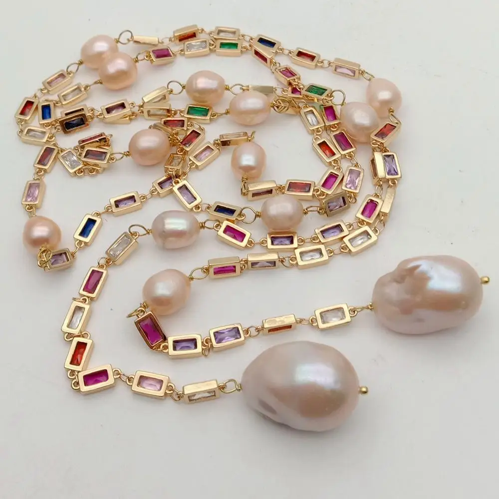 KKGEM-collar de cadena larga para suéter, Perla Barroca, Color mixto, rectángulo, Cz, pavé, rosa, cultivada, 16x24mm, 50