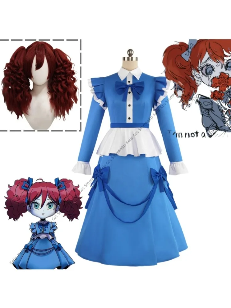 Jeu coquelicot Cosplay Costume Playtime cheveux rouges fille le coquelicot Cosplay Costume robe femmes filles bleu robe de femme de chambre Lolita Halloween