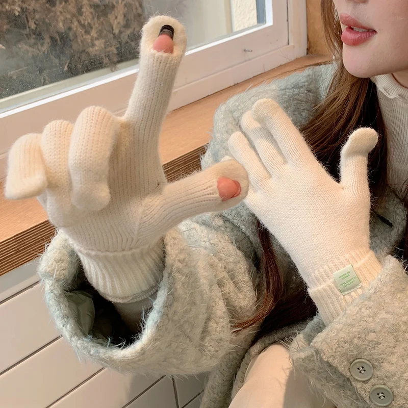 Warm gloves winter simple solid color long wrist warm fingerless touch gloves for women autumn and winter