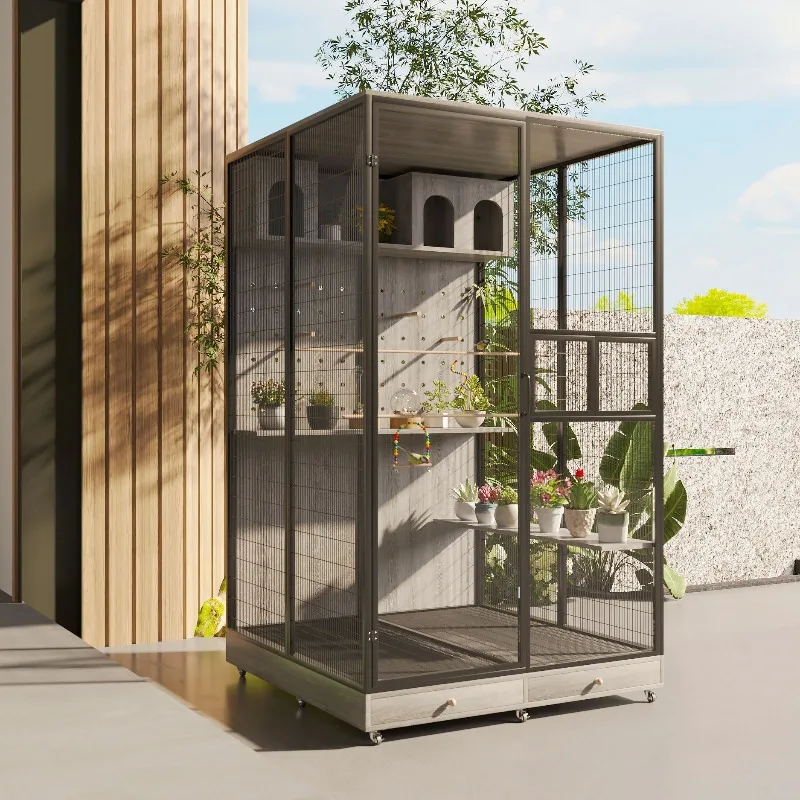 Hot Sale Solid Wood Transparent Glass Parrot Nest Box Bird Cage House Large Bird Cage Luxury Bird Cage Villa bird nest