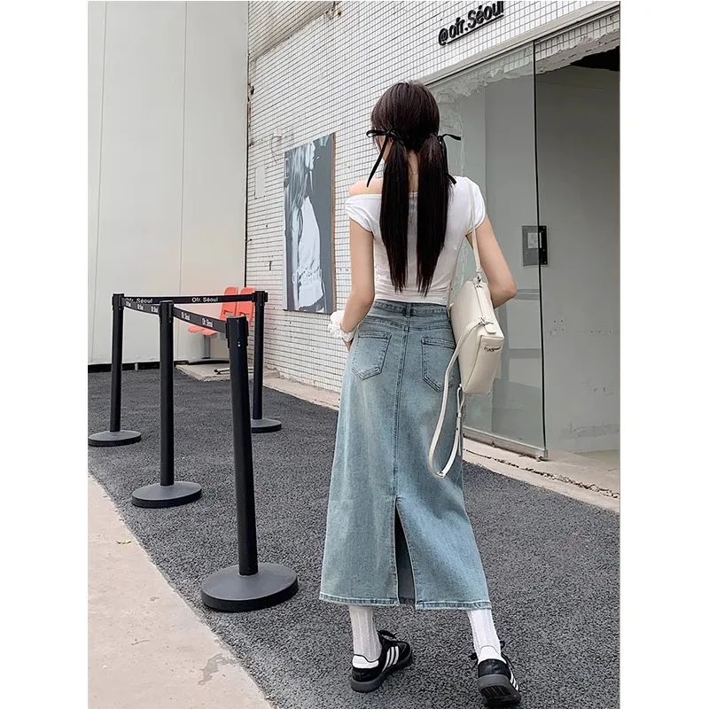Koreaanse vrouwen hoge taille split denim rok modieuze veelzijdige a-lijn rok hip knuffelen rok 2025, zomer nieuwe casual rok